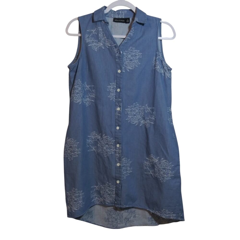 Nina Leonard Chambray Sleeveless Blue Button-Front Shirt Dress Casual Sz 6